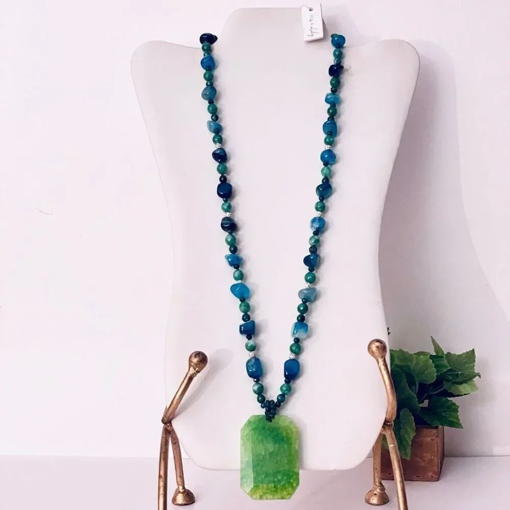 NWT Iris & Lily Long sterling silver 925 genuine Green Agate gemstone Necklace